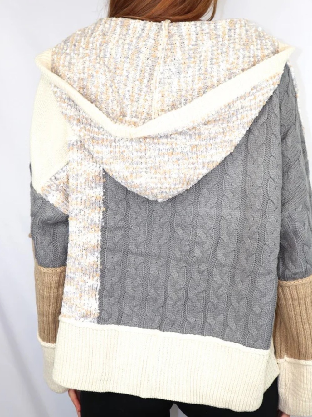 POL Patchwork Hooded Cardigan in Cream, Gray & Tan - Picture 7 of 7